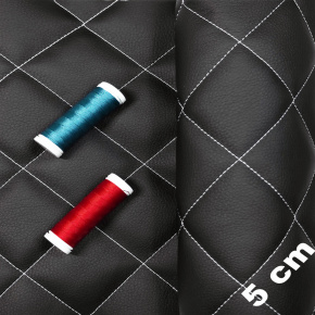 Ekokůže prošívaná 5×5 cm, černá, bílé nitě, metráž, šíře 145 cm