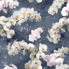 Velurová potahová látka s potiskem, Orchideje Bílé na Šedém