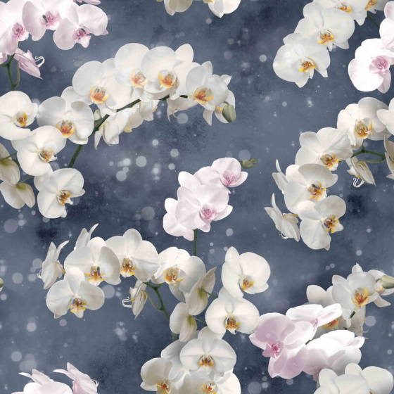 Velvet upholstery fabric with print, White Orchids on Grey