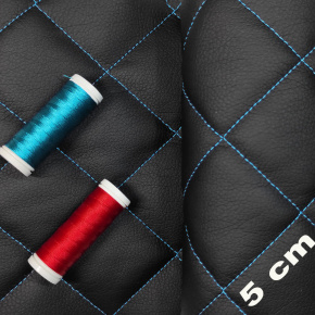 Ekokůže prošívaná 5×5 cm, černá, tyrkysové nitě, metráž, šíře 145 cm