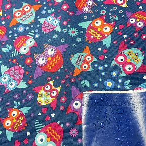 Nepromokavá látka Kodura PVC zátěr 600D, 360 g/m², šíře 150 cm, sovy na modrém