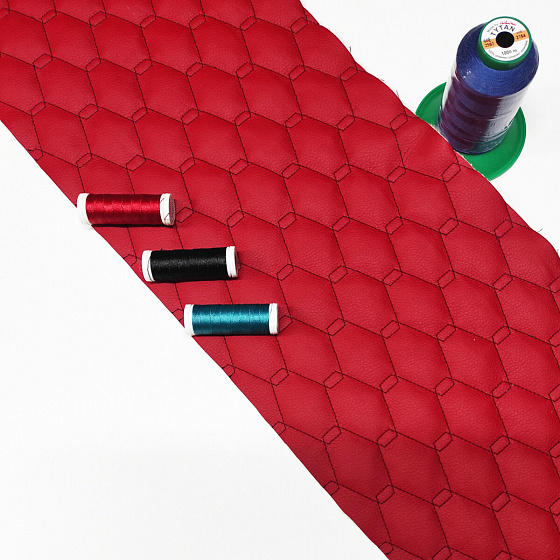 35Eco-leather GEO red color quilted with black threads, 1 m x 0.6 m