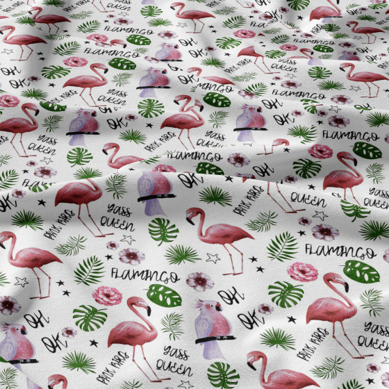Cotton fabrics, by the meter. Flamingo and Green Leaves on White