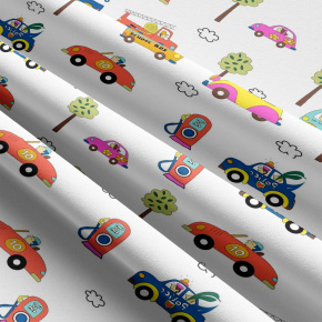 Children's cotton fabric by the meter Car mix on White