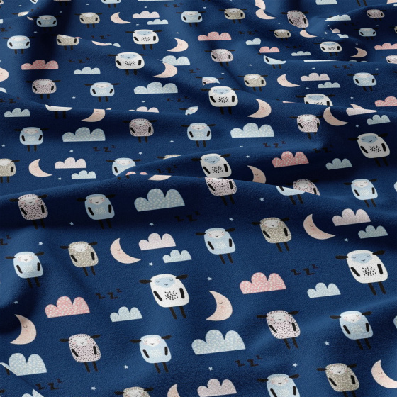 Bavlněné látky, metráž. Ovečky a noc na modrém