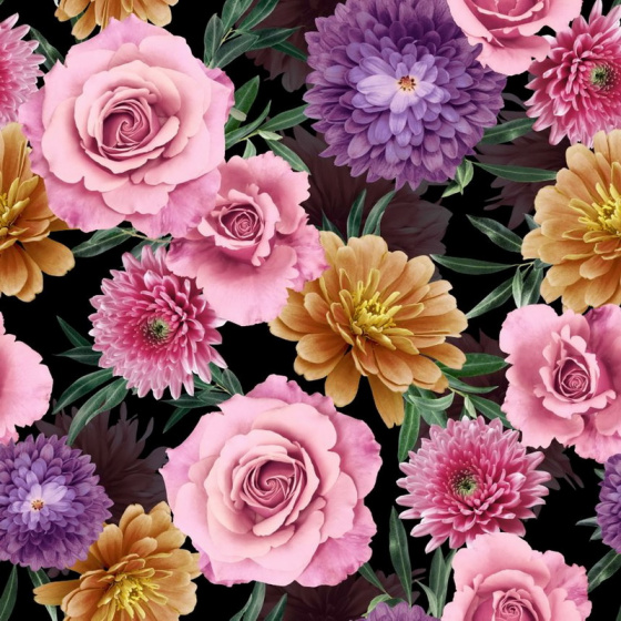 Velvet upholstery fabrics with print, Roses and chrysanthemums