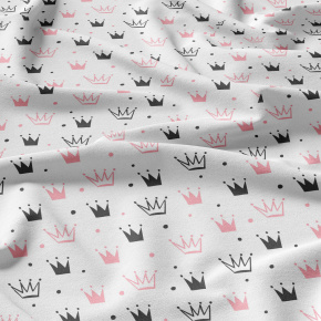 Children's cotton fabric 100% cotton, 125 g/m², width 160 cm, pink crowns on white Children's cotton fabric 100% cotton, 125 g/m², width 160 cm, pink crowns on white