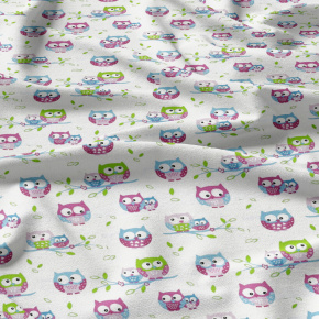Cotton fabrics, by the meter. Owls Pink on White