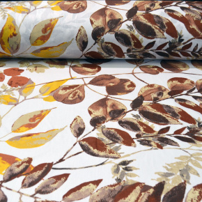 Bavlněná látka 100% bavlny, 125 g/m², šíře 160 cm, listy hnědé a žluté na bílém