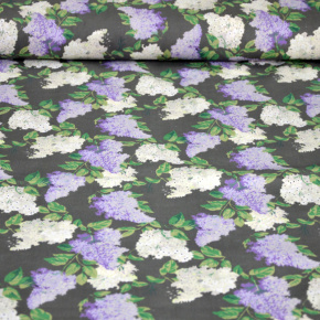 Bavlněná látka 100% bavlny, 125 g/m², šíře 160 cm, větve šeříku bílé a fialové na šedém Bavlněná látka 100% bavlny, 125 g/m², šíře 160 cm, větve šeříku bílé a fialové na šedém
