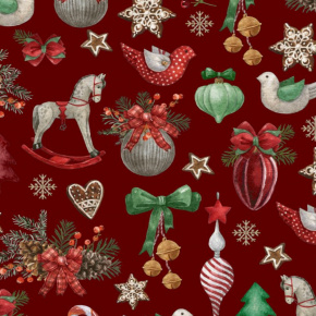 Vánoční bavlněná dekorační látka, metráž 160 cm, vzor koně na červeném