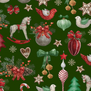 Vánoční bavlněná dekorační látka, metráž 160 cm, vzor koně na zeleném