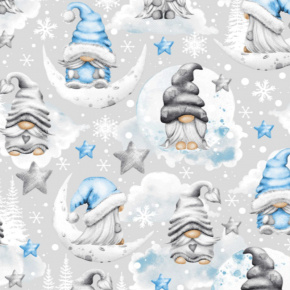 Vánoční bavlněná dekorační látka vzor trpaslík modré na šedém 3