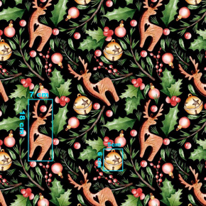 Vánoční bavlněná dekorační látka, metráž 160 cm, vzor Vánoční motiv na černém