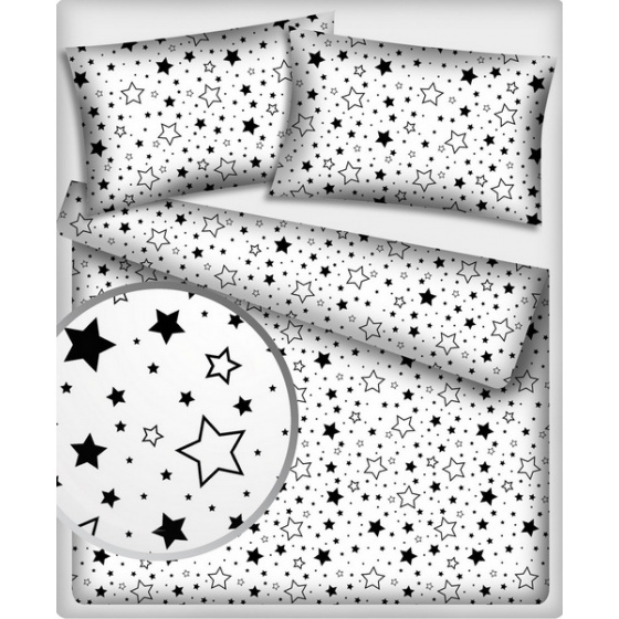 Dětská dekorační bavlněná látka vzor hvězdy černé na bílém