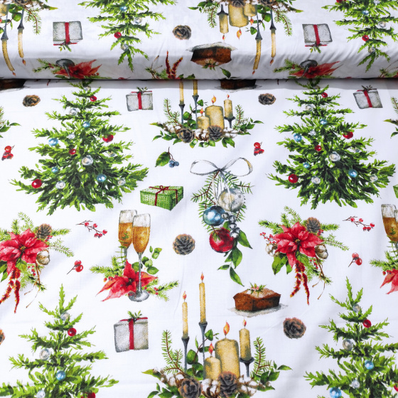 Vánoční bavlněná dekorační látka, metráž 160 cm, vzor Vánoční Strom